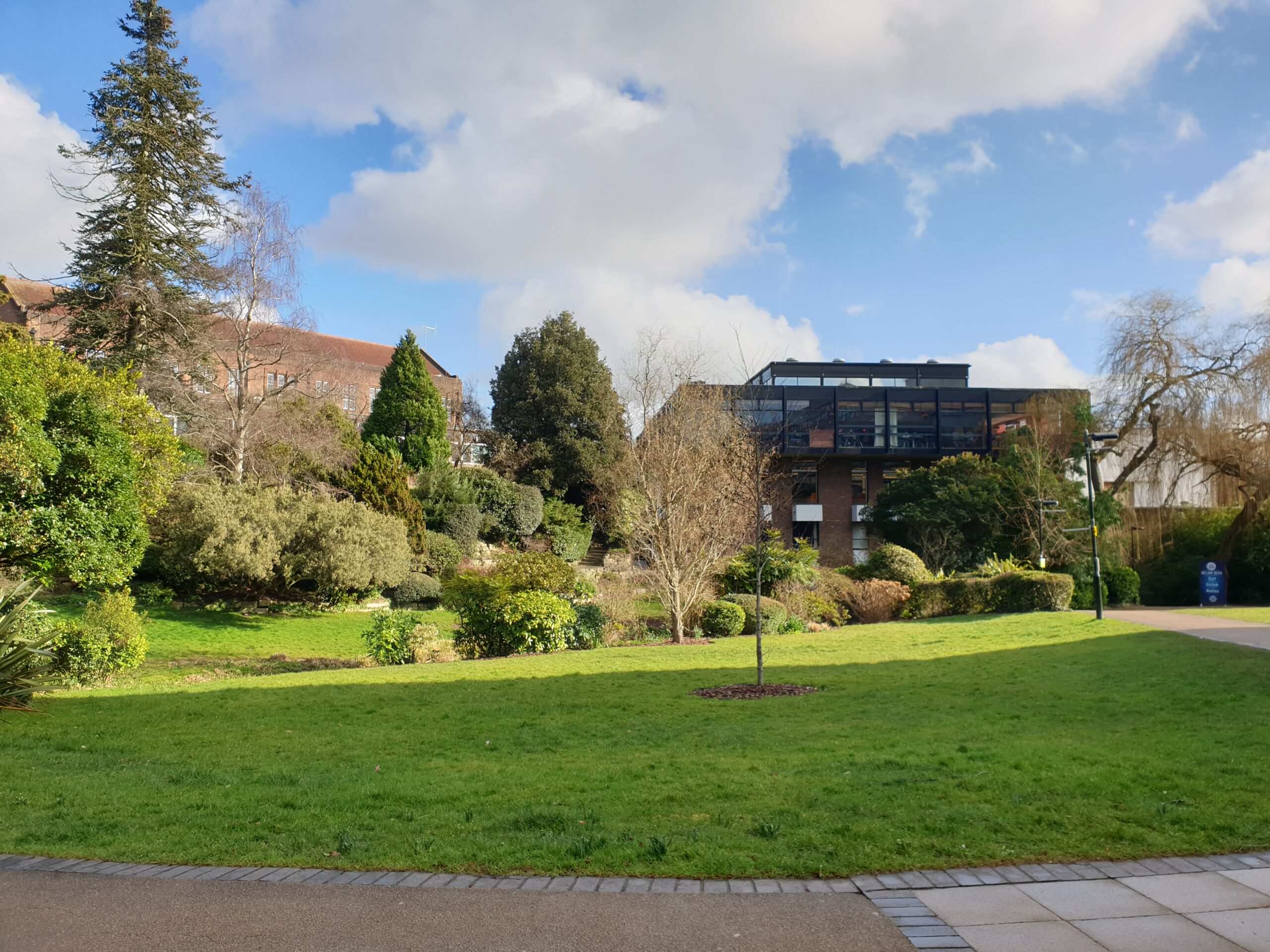 Southampton University grounds, green space with Building 42 in the background