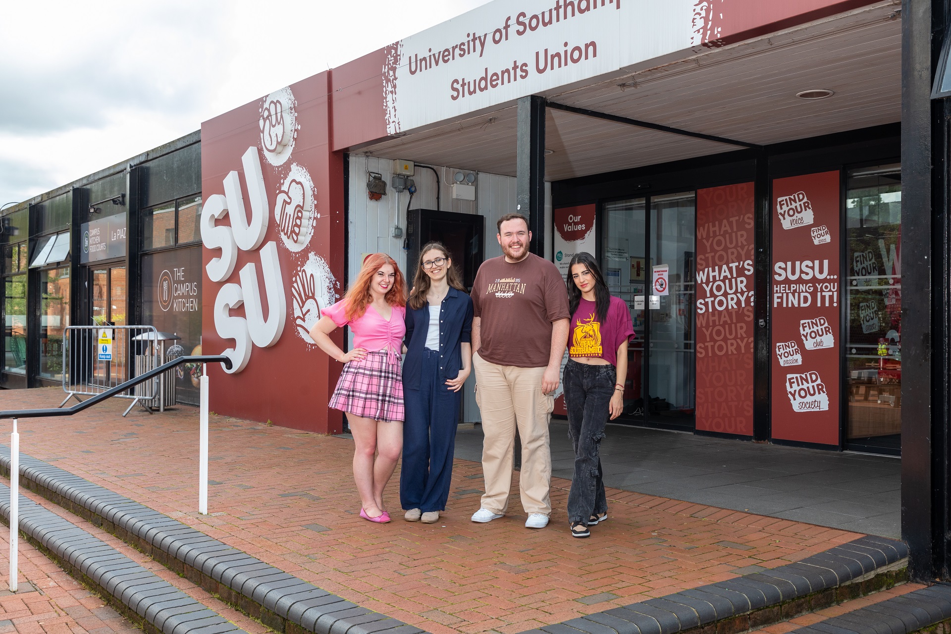 University of Southampton Students Union Sabbatical Team 2023 to 2024 standing together outside of Building 42