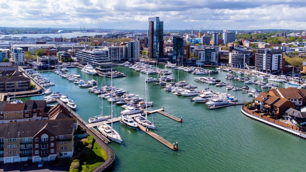 Aerial view of the Ocean Village area of Southampton City