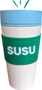 Reusable cup with Southampton Students Union green sleeve attached