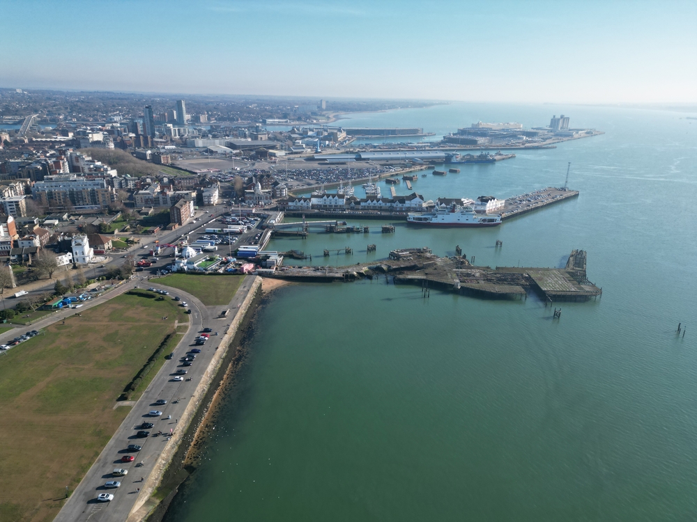 Aerial view of Southampton Docks, Town Quay and Ocean Village area of Southampton City