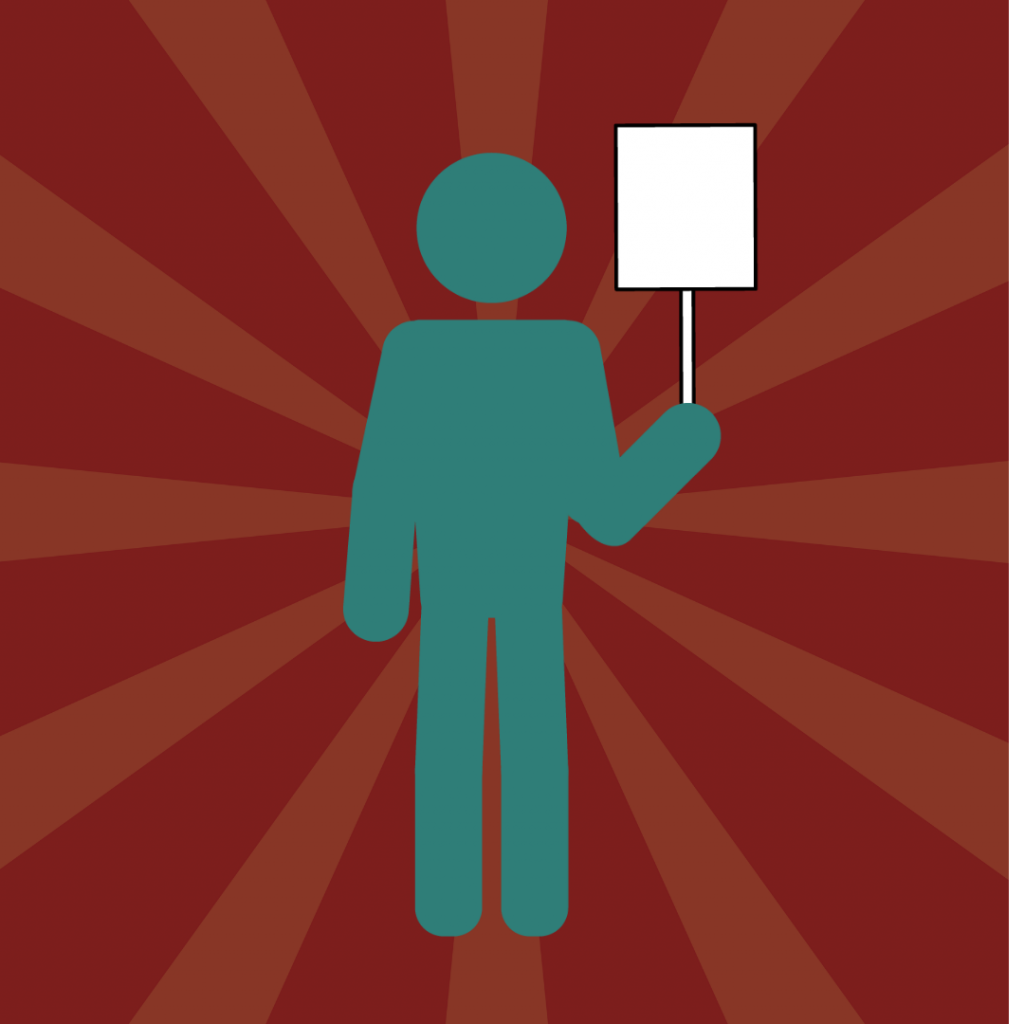 A teal stick‑figure person stands on a red radial‑burst background, holding up a small blank protest-style sign in one hand.