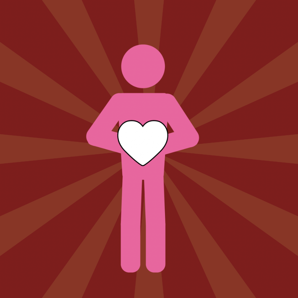 A pink stick‑figure person stands on a red radial‑burst background, holding a large white heart shape in front of their chest.
