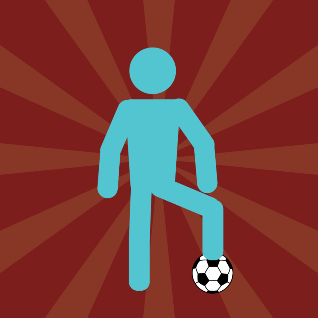 A blue stick‑figure person stands on a red radial‑burst background with one foot resting on a black‑and‑white football.