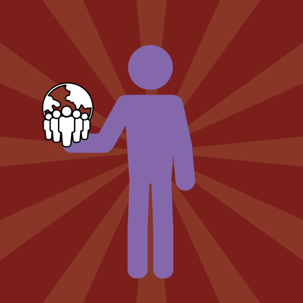 A purple stick‑figure person stands centered on a red radial‑burst background, holding an icon of a globe with a group of people in their outstretched hand.
